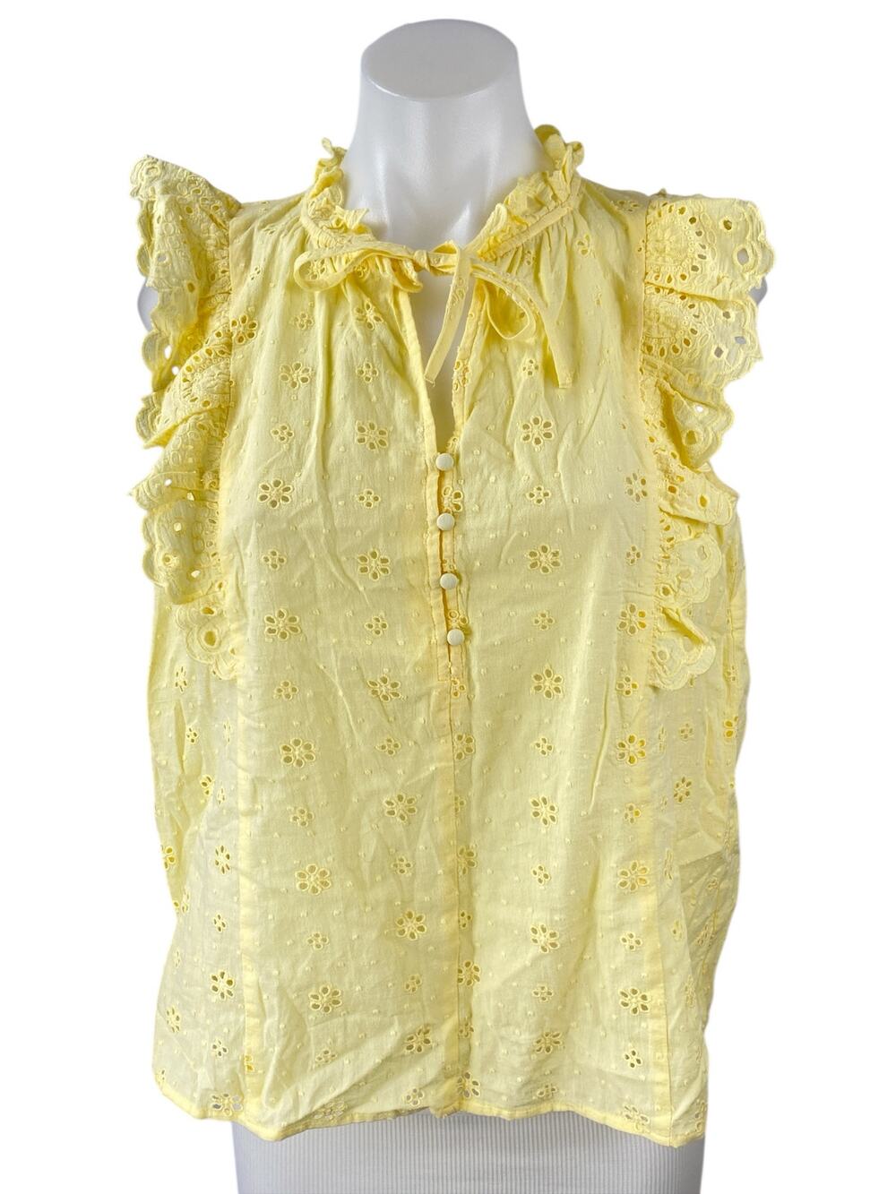 Ann Taylor LOFT Yellow Ruffle Sleeve Embroidered Floral Tie Blouse Top Size S